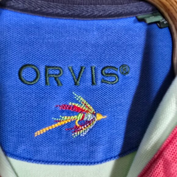Orvis Mens Polo Shirt Colorblock Green Blue Trim Short Sleeve L‎ - Picture 6 of 6